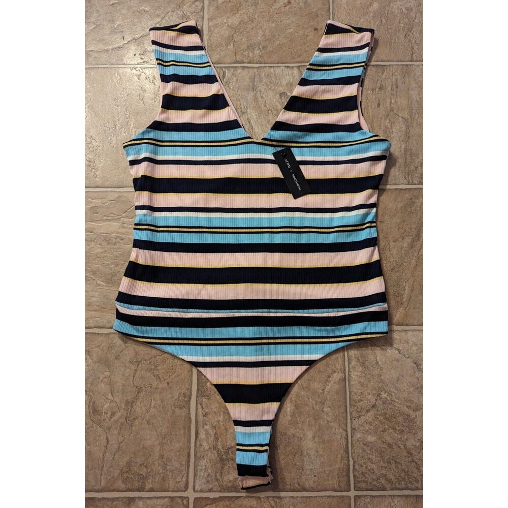 New AFRM X Nordstrom sz XL Knit Bodysuit Tank Top multi color stripes snaps 4802